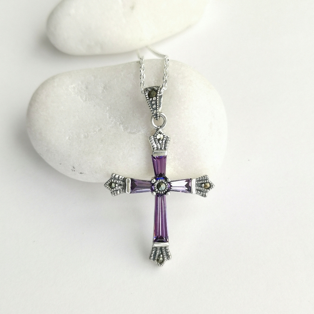 Amethyst Marcasite cross pendant necklace In Sterling Silver